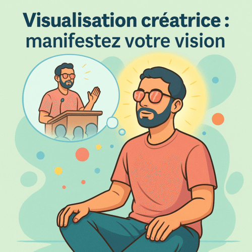 Visualisation créatrice : la clé pour manifester vos objectifs et passer à l’action 2 Homme visualisant une scène de réussite en style comic, assis en posture calme avec des lunettes roses, entouré d’un halo lumineux et de bulles colorées, sur fond vert doux. Illustration éditoriale représentant la visualisation créatrice.