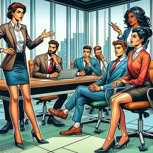 Langage corporel : Décodez vos gesticulations et celles des autres (ou comment devenir un expert en pantomime) 2 Illustration de style bande dessinée montrant une réunion professionnelle diverse avec une femme confiante qui présente, un homme qui acquiesce et une autre femme qui prend des notes, illustrant un langage corporel expressif dans un cadre de bureau moderne.