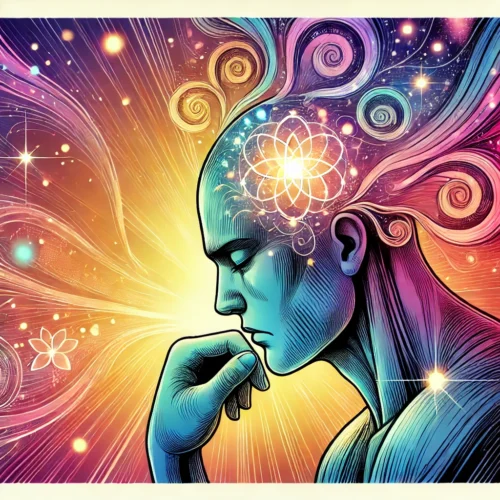 Illustration manga en couleur représentant une personne en pleine réflexion avec des éléments cosmiques autour de la tête, symbolisant la loi de l'attraction et le film Le Secret.