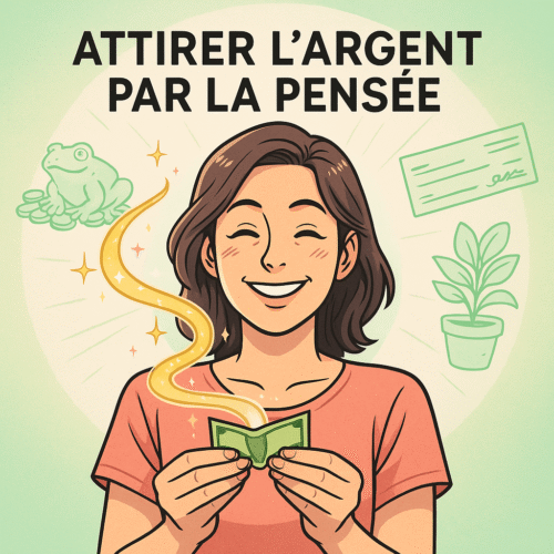 Comment attirer l’argent par la pensée : le guide complet 💶💰 2 Une femme souriante qui pratique le rituel du pliage de billet pour symboliser comment attirer l’argent par la pensée, avec un flux d’énergie doré représentant l’abondance