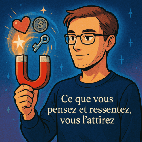 ’une personne tenant un aimant rouge brillant, attirant un cœur rose, une étoile dorée, une pièce verte et une clé argentée, sur fond étoilé dégradé bleu nuit et violet, avec la citation 'Ce que vous pensez et ressentez, vous l’attirez' representant le concept de la loi de l'attraction