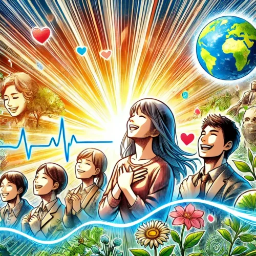 Les 7 Bienfaits de la Gratitude pour une Vie epanouïe 2 Illustration en style manga colorée représentant les 7 bienfaits de la gratitude. L'image inclut des personnages exprimant la joie, l'énergie positive et des éléments naturels comme des cœurs bleus et des vagues lumineuses. Elle symbolise la gratitude, la connexion humaine, le bonheur et le bien-être, avec des couleurs vives pour renforcer l'énergie positive.