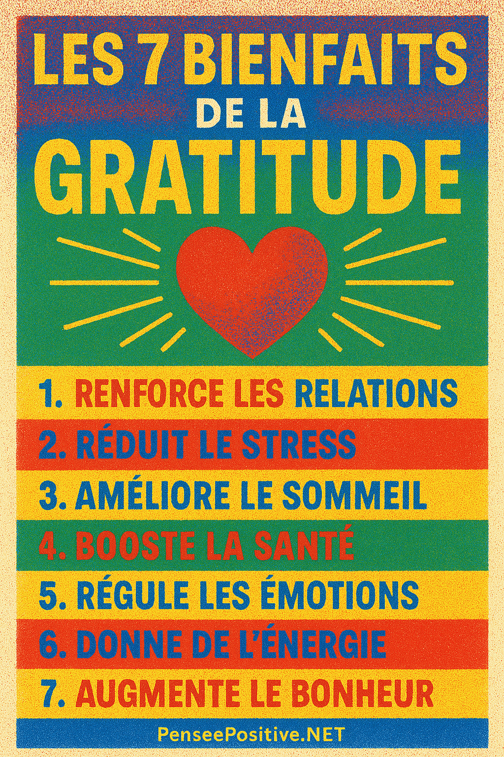Les 7 Bienfaits de la Gratitude pour une Vie epanouïe 3 Infographie colorée style risographie résumant les 7 bienfaits de la gratitude : meilleure santé mentale, réduction du stress, sommeil de qualité, relations positives, motivation, bien-être général et pensées positives
