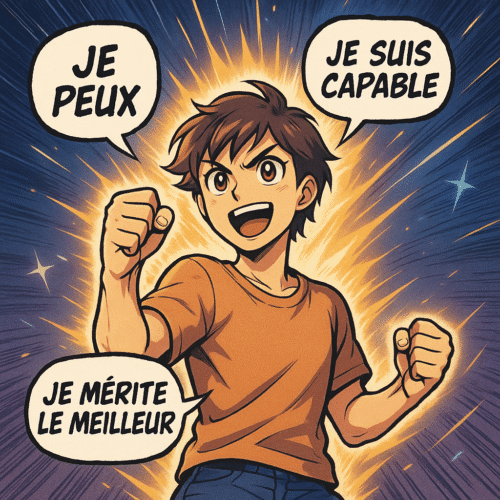 35 affirmations positives puissantes pour transformer votre état d’esprit 2 un jeune homme levant le poing avec énergie, entouré de bulles contenant des affirmations positives puissantes comme « Je peux », « Je suis capable » et « Je mérite le meilleur », sur un fond dynamique bleu et orange.