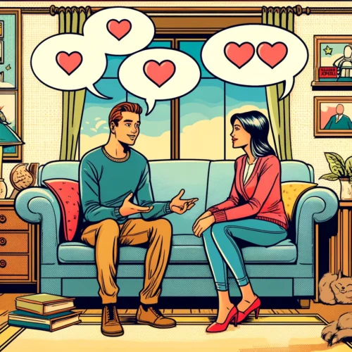 Les langages de l'amour : c'est quoi ? 16 Image au style bande dessinée d'un couple communiquant dans un salon chaleureux, symbolisant les langages de l'amour. L'homme, exprimant ses sentiments par des gestes, et la femme, l'écoutant attentivement avec un sourire, sont assis sur un canapé. La pièce est décorée de couleurs vives et de détails joyeux comme des livres, des plantes et un chat dormant sur le rebord de la fenêtre, avec des bulles de dialogue et des cœurs flottants pour accentuer l'affection et la compréhension mutuelle.