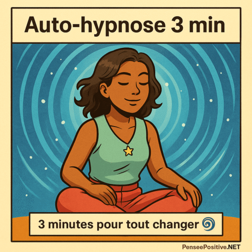 Loi d’attraction rapide : 10 techniques pour manifester plus vite 4 Illustration manga carrée d’une femme méditant en tailleur avec un halo bleu autour de la tête, représentant la technique d’auto-hypnose de 3 minutes utilisée dans la loi d’attraction rapide.