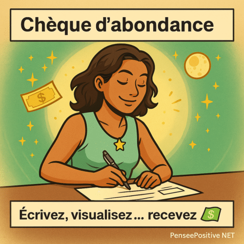 Loi d’attraction rapide : 10 techniques pour manifester plus vite 12 Illustration carrée style manga d’une femme écrivant un chèque d’abondance avec concentration, entourée d’une aura verte et dorée, représentant un rituel de manifestation lié à la loi d’attraction.