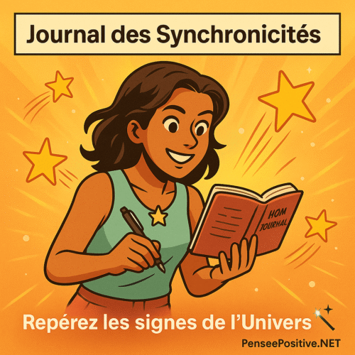 Loi d’attraction rapide : 10 techniques pour manifester plus vite 7 llustration carrée style manga d’une femme tenant un carnet avec un air émerveillé, entourée de symboles lumineux représentant des signes et synchronicités, en lien avec la loi d’attraction.