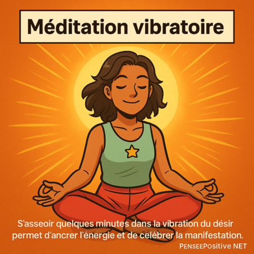 Loi d’attraction rapide : 10 techniques pour manifester plus vite 9 Illustration carrée style manga d’une femme assise en tailleur avec un casque audio, entourée d’une aura lumineuse rose, illustrant la technique de méditation vibratoire pour activer la loi d’attraction.