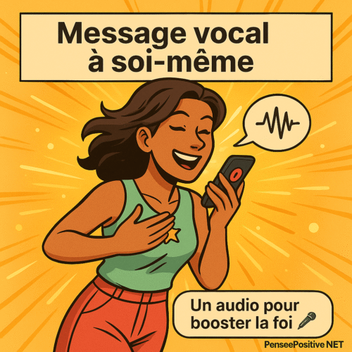 Loi d’attraction rapide : 10 techniques pour manifester plus vite 11 Illustration carrée style manga d’une femme marchant à l’extérieur, enregistrant un message vocal sur son téléphone, entourée d’une aura bleue, représentant la technique de l’auto-message pour activer la loi d’attraction rapidement.