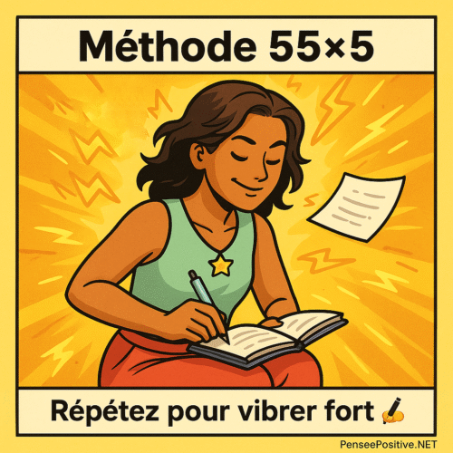 Loi d’attraction rapide : 10 techniques pour manifester plus vite 3 Illustration manga carrée d’une femme métisse concentrée en train d’écrire dans un carnet, représentant la méthode 55×5, une technique de manifestation rapide de la loi d’attraction. Aura jaune et ambiance dynamique.