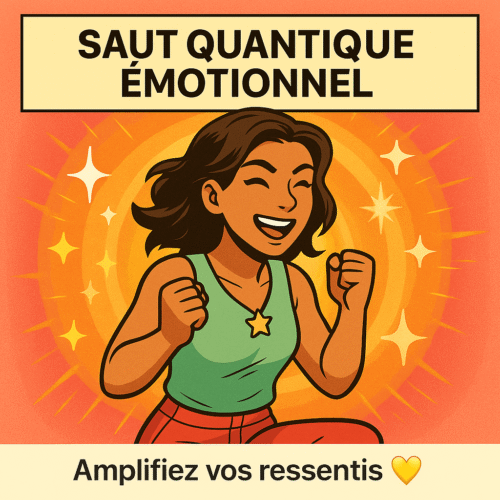 Loi d’attraction rapide : 10 techniques pour manifester plus vite 6 Illustration carrée style manga d’une femme debout en posture héroïque, rayonnante d’énergie, avec une aura magenta, symbolisant le saut quantique émotionnel pour accélérer la manifestation.