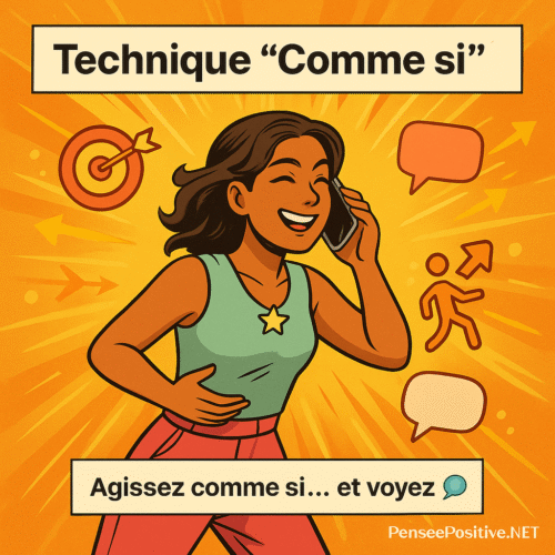 Loi d’attraction rapide : 10 techniques pour manifester plus vite 10 Illustration carrée style manga d’une femme souriante en pleine marche, parlant au téléphone avec assurance, entourée d’une aura orange, représentant la technique “comme si” utilisée pour accélérer la manifestation avec la loi d’attraction.