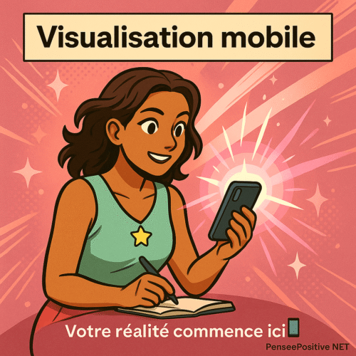 Loi d’attraction rapide : 10 techniques pour manifester plus vite 5 Illustration carrée style manga d’une femme souriante regardant son téléphone, des images lumineuses projetées autour d’elle, illustrant la technique de visualisation mobile pour la loi d’attraction rapide.