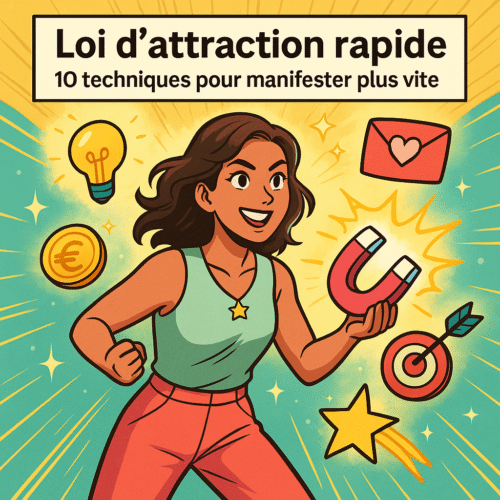 Illustration comic carrée d’une femme confiante tenant un aimant énergétique en forme de cœur, attirant des symboles de manifestation rapide comme une idée 💡, de l’argent 💰 et de l’amour ❤️, sur fond vibrant jaune et vert. Visuel lié à un article sur la loi d’attraction rapide et 10 techniques pour manifester plus vite.
