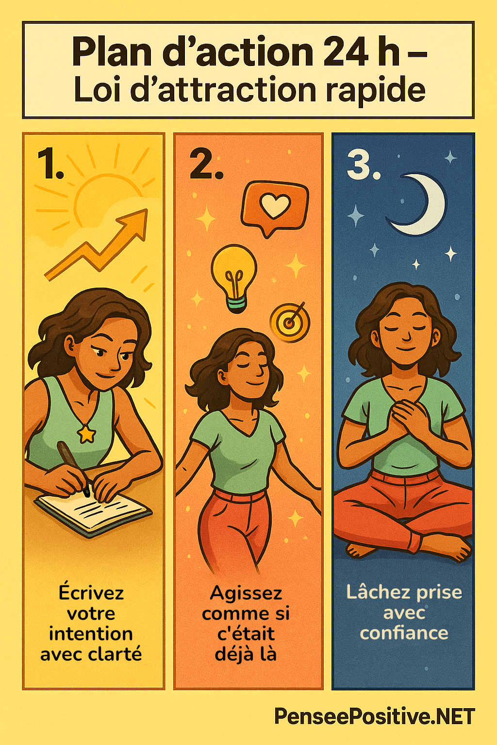 Loi d’attraction rapide : 10 techniques pour manifester plus vite 13 Infographie verticale style manga découpée en trois étapes avec une femme métisse illustrant le plan d’action 24 h de la loi d’attraction : écriture le matin, action vibratoire la journée, et gratitude le soir.