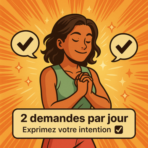 Loi d’attraction rapide : 10 techniques pour manifester plus vite 8 Illustration carrée style manga d’une femme souriante devant un miroir avec un post-it collé dessus, représentant la pratique des deux demandes par jour pour activer la manifestation rapide avec la loi d’attraction.