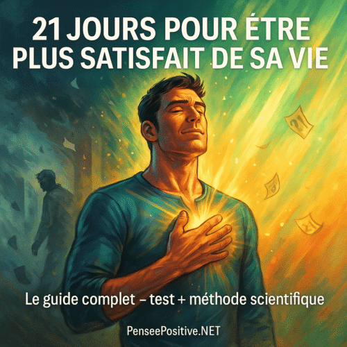 Être plus satisfait de sa vie : test, plan 21 jours et secrets du bien-être durable 11 une personne apaisée, debout de profil, main sur la poitrine, entourée de lumière dorée symbolisant la sérénité intérieure. Fond dégradé du gris au vert menthe et au doré, avec le texte “21 jours pour être plus satisfait de sa vie”