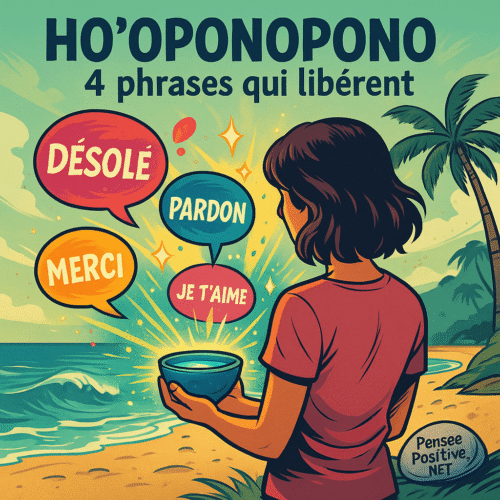 Méthode Ho'oponopono : Comment 4 Phrases Peuvent Transformer Votre Vie (Sans Rien Forcer) 2 illustration comic carrée de la méthode ho'oponopono : femme de dos tenant un bol d’eau solaire bleue sur une plage hawaïenne, avec les 4 phrases ho'oponopono – « Désolé », « Pardon », « Merci », « Je t’aime »