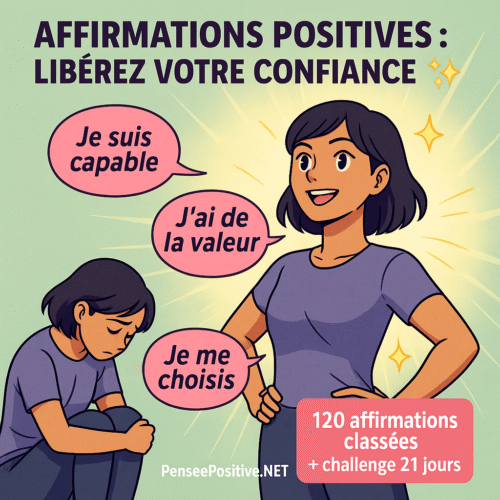 Affirmations positives confiance en soi : le guide ultime pour se (re)programmer 2 Jeune femme qui passe d’une posture repliée à une posture confiante, entourée de bulles contenant des affirmations de confiance en soi comme “Je suis capable” et “Je me choisis”