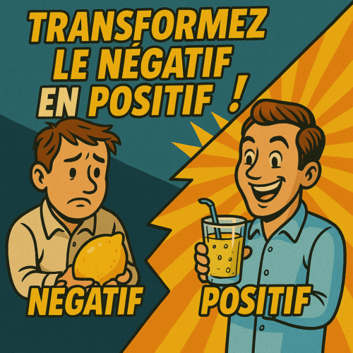 Comment transformer le négatif en positif : 7 Secrets 2 Image au style bande dessinée illustrant comment transformer le négatif en positif, avec un personnage triste tenant un citron et un autre joyeux avec de la citronnade.