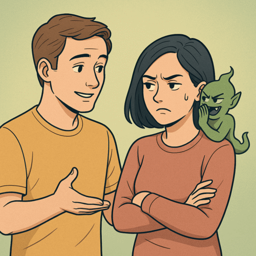 Vaincre la jalousie en amour : guide complet pour retrouver la confiance 3 un couple en pleine discussion, avec une créature symbolique de la jalousie sur l’épaule de la femme, illustrant le thème "vaincre la jalousie en amour" avec un style moderne et expressif.