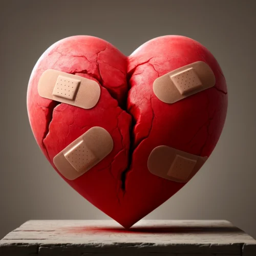 Comment se reconstruire après un divorce - 5 Clés 14 Cœur rouge fissuré sur table en pierre, réparé par des pansements blancs, illustrant les étapes de réparation émotionnelle et comment se construire après un divorce