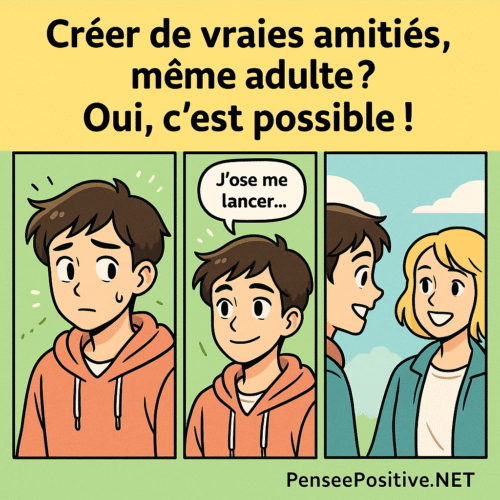 Trois cases montrant comment se faire des amis à l’âge adulte, avec un personnage qui passe de la timidité à une conversation souriante avec une nouvelle personne.