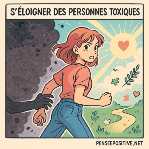 Une femme qui choisit de s’éloigner des personnes toxiques, quittant une zone sombre pour avancer vers la lumière et la paix intérieure.