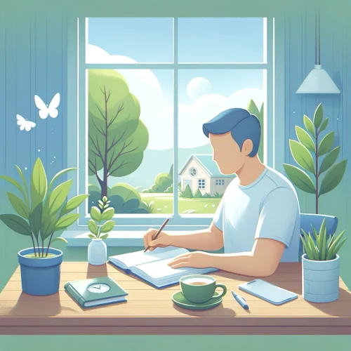 Personne écrivant dans un journal de gratitude, assise à un bureau avec une plante verte, une tasse de café et vue sur un jardin paisible, symbolisant la paix intérieure et la réflexion.