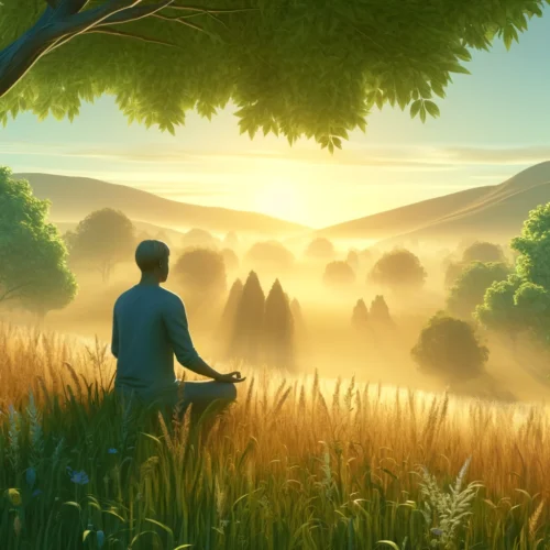 Comment contrôler l'anxiété et l'angoisse grâce à la respiration profonde 2 Personne pratiquant la respiration profonde dans un pré paisible au lever du soleil pour contrôler l'anxiété