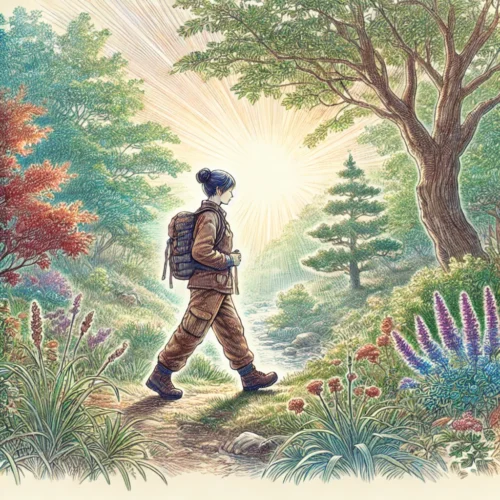 une personne en tenue de marche, pratiquant la marche méditative dans un environnement naturel paisible.
