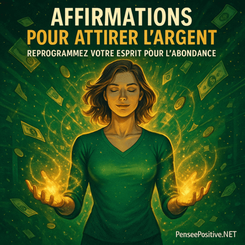 Affirmations Positives pour Attirer l'Argent : Changez Votre Mentalité pour Ne Plus Courir Après Les Sous 2 une femme confiante irradiant une énergie dorée depuis ses mains, symbolisant l’abondance financière. Fond vert émeraude et doré avec vortex lumineux et billets flottants, texte 'Affirmations pour attirer l’argent – Reprogrammez votre esprit pour l’abondance'