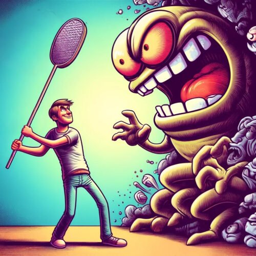 Illustration de style comic avec une touche de satire représentant les affirmations positives pour vaincre la peur. Un personnage déterminé affronte un monstre géant et exagéré, symbolisant la peur, armé d'un balai surdimensionné. Le monstre a des traits comiques avec de grands yeux et un large sourire, tandis que des ombres et de petites créatures se cachent en arrière-plan, soulignant le thème de la peur.