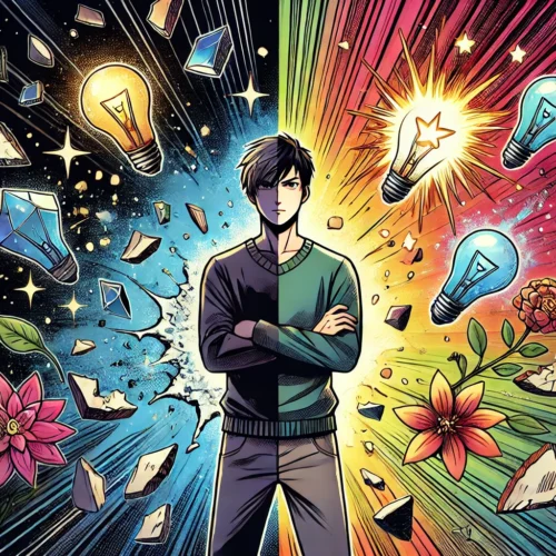 10 Citations Inspirantes sur l'Échec : Transformer les Obstacles en Opportunités 2 Illustration en style manga d'une personne transformant l'échec en opportunité, symbolisant la résilience avec des éléments évoquant des citations sur l'échec.