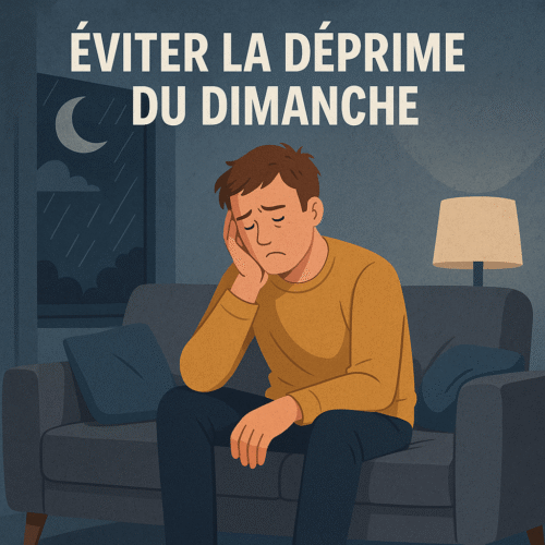 Homme assis sur un canapé, l’air déprimé un dimanche soir, avec la lune visible à la fenêtre et le texte "Éviter la déprime du dimanche" en haut de l’image.