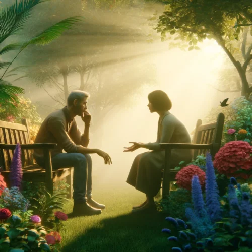 Comment Être Empathique Peut Enrichir Votre Vie : Un Guide Complet 6 Deux personnes partageant un moment d'empathie dans un jardin paisible, illustrant l'importance d'être empathique à travers une écoute attentive et un soutien émotionnel, entourées de verdure luxuriante et de fleurs sous une douce lumière matinale