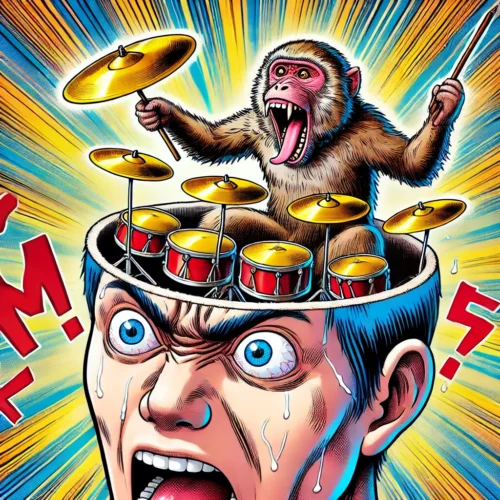 un macaque symbolisant les pensées obsessionnelles, tapant des cymbales frénétiquement à l'intérieur de la tête