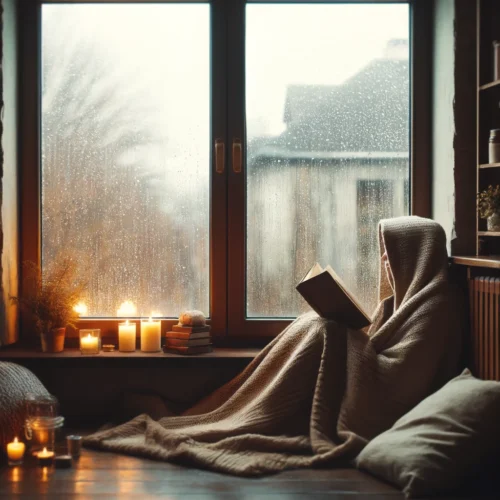 Image d'une scène intérieure confortable lors d'un jour de pluie, avec une personne enveloppée dans une couverture chaude, lisant un livre confortablement assise près d'une fenêtre avec des gouttes de pluie, évoquant des idées sur que faire un jour de pluie.