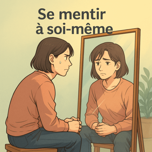 ne personne assise face à un miroir montrant un reflet triste, symbole de l’auto-tromperie, avec le texte "Se mentir à soi-même" centré au-dessus