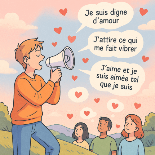 homme envoyant des affirmations positives pour attirer l’amour à l’aide d’un mégaphone, entouré de cœurs et de messages bienveillants.