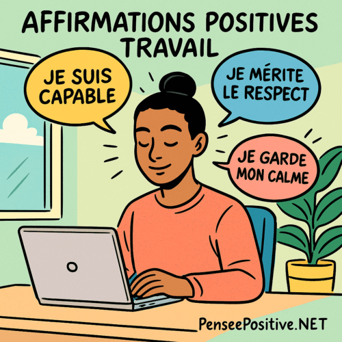 Une femme concentrée devant son ordinateur, entourée de bulles avec des affirmations positives pour le travail comme 'Je suis capable' et 'Je garde mon calme', dans un bureau lumineux.