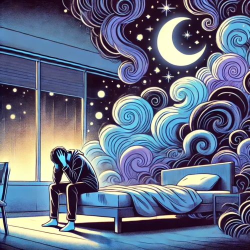 L'Angoisse Nocturne : Comment la Soulager et Enfin Dormir (Parce qu'Honnêtement, le Plafond n'a Rien de Passionnant) 2 Illustration en style manga représentant l'angoisse nocturne, avec une personne assise sur le bord d'un lit entourée de nuages sombres, symbolisant le stress et l'anxiété, dans une chambre faiblement éclairée sous un ciel nocturne étoilé.