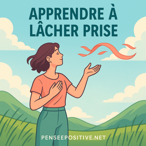Apprendre à lâcher prise : ce qu’on ne vous dit jamais (et comment y arriver vraiment) 2 Une femme en pleine nature qui symbolise le fait d’apprendre à lâcher prise, en laissant un ruban s’envoler au vent, sur fond de collines et de ciel bleu clair.