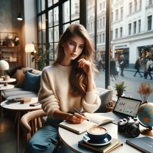 Comment savoir ce que l'on veut dans la vie ? 11 questions et conseils efficaces 15 Jeune femme réfléchissant à comment savoir ce que l'on veut dans la vie, assise dans un café avec un carnet, globe, livres de développement personnel, et un appareil photo, fenêtre sur vue urbaine animée