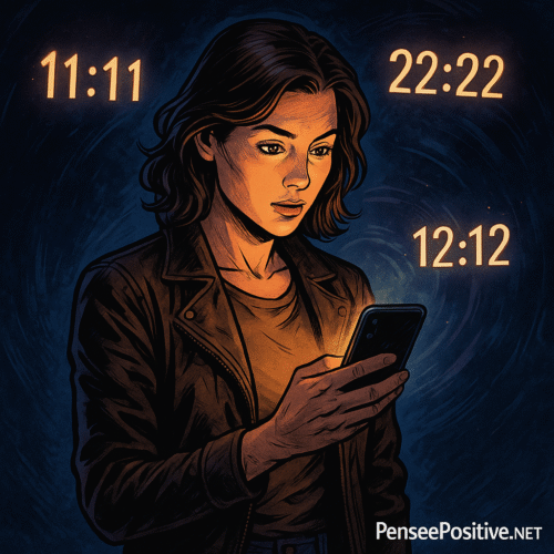 Heures miroirs : coïncidence ou message de l’univers ? 2 une femme regardant son téléphone, entourée des heures miroirs 11h11, 12h12 et 22h22, sur fond cosmique
