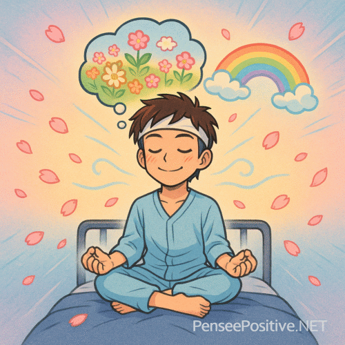 Pensée positive pour personne malade : retrouver espoir et courage 4 un jeune patient médite en tailleur sur un lit d’hôpital, entouré de pétales de cerisier, avec des bulles de pensée montrant un champ de fleurs et un arc-en-ciel, symbolisant l’espoir et l’apaisement