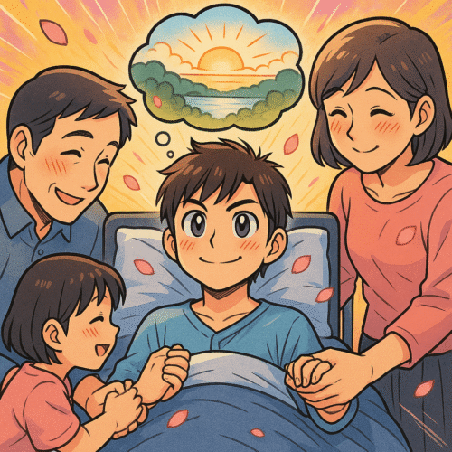 Pensée positive pour personne malade : retrouver espoir et courage 1 une scène de soutien familial représentant la pensée positive pour personne malade, avec un patient souriant dans un lit d’hôpital, entouré de ses proches et visualisant un avenir meilleur