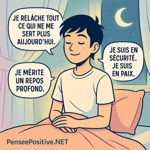 Jeune homme apaisé assis dans son lit, les yeux fermés, avec trois affirmations positives du soir en bulles : 'Je relâche tout ce qui ne me sert plus aujourd’hui', 'Je mérite un repos profond', 'Je suis en sécurité. Je suis en paix.' – Illustration style manga, nuit calme, lune visible par la fenêtre.