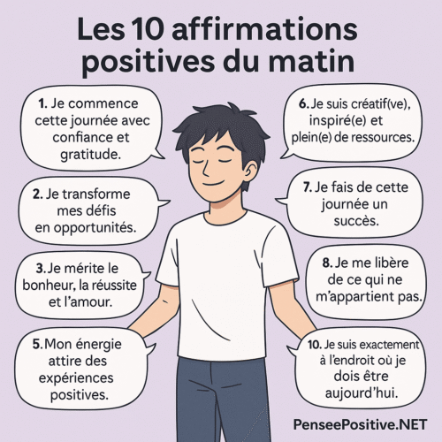 10 affirmations positives du matin pour bien commencer votre journée 5 Illustration manga d’un jeune homme entouré de 10 affirmations positives du matin en bulles BD, sur fond lavande, pour bien démarrer la journée